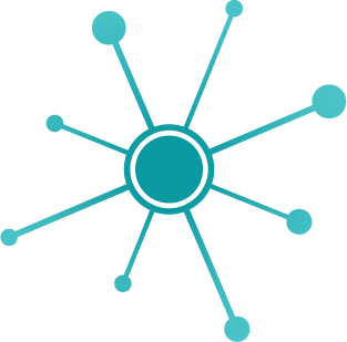 An abstract teal network diagram with a central circle connected to multiple smaller circles by lines, resembling a hub-and-spoke structure. The size of the circles and connections vary, creating a sense of depth and complexity.